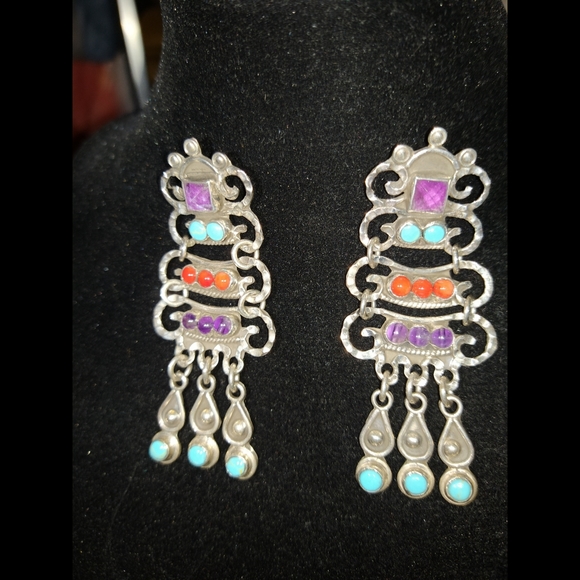 🏜️Navajo 925 Sterling Silver Turquoise Red Jasper Amethyst Chandelier Earrings - Picture 10 of 13